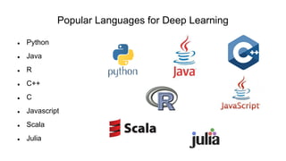 Popular Languages for Deep Learning
 Python
 Java
 R
 C++
 C
 Javascript
 Scala
 Julia
 