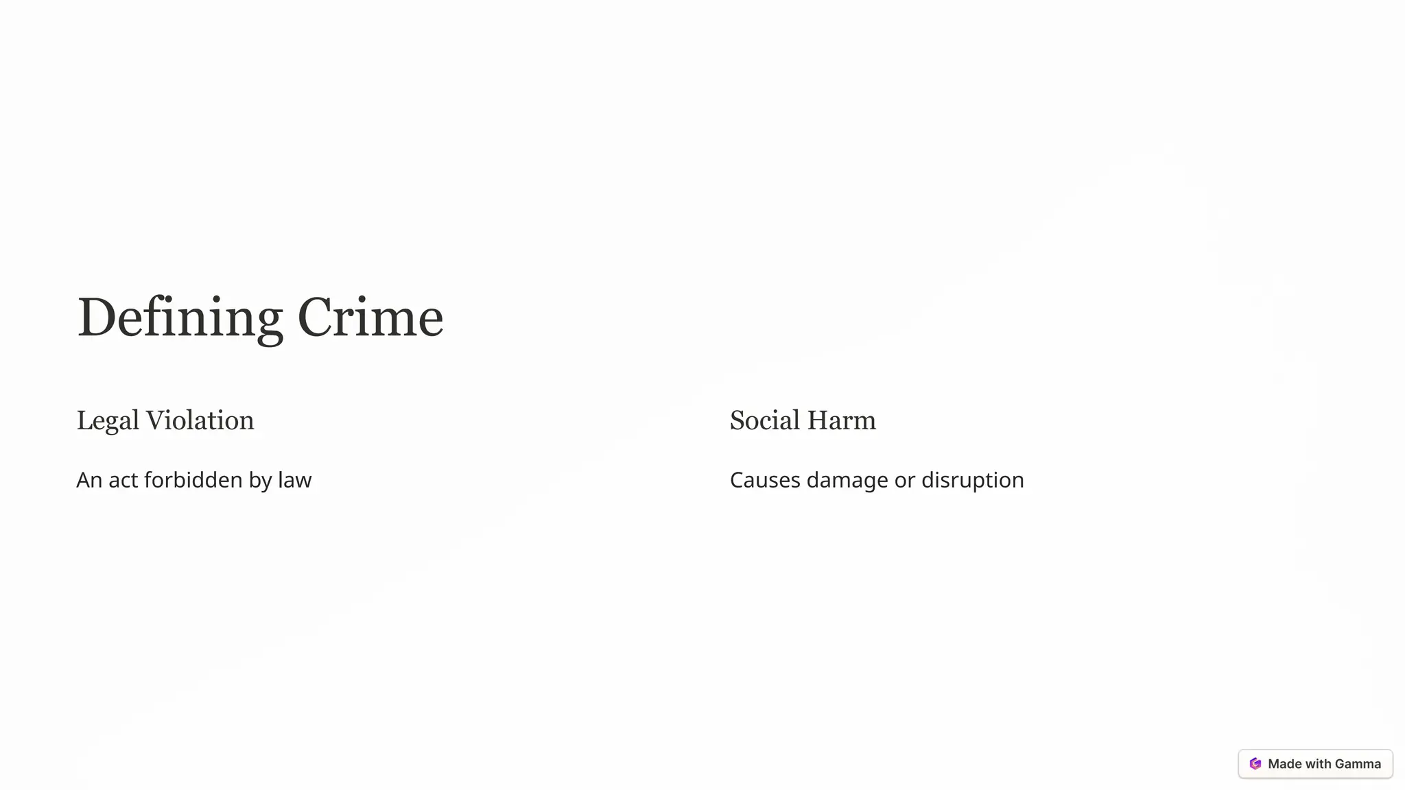 Defining Crime
Legal Violation
An act forbidden by law
Social Harm
Causes damage or disruption