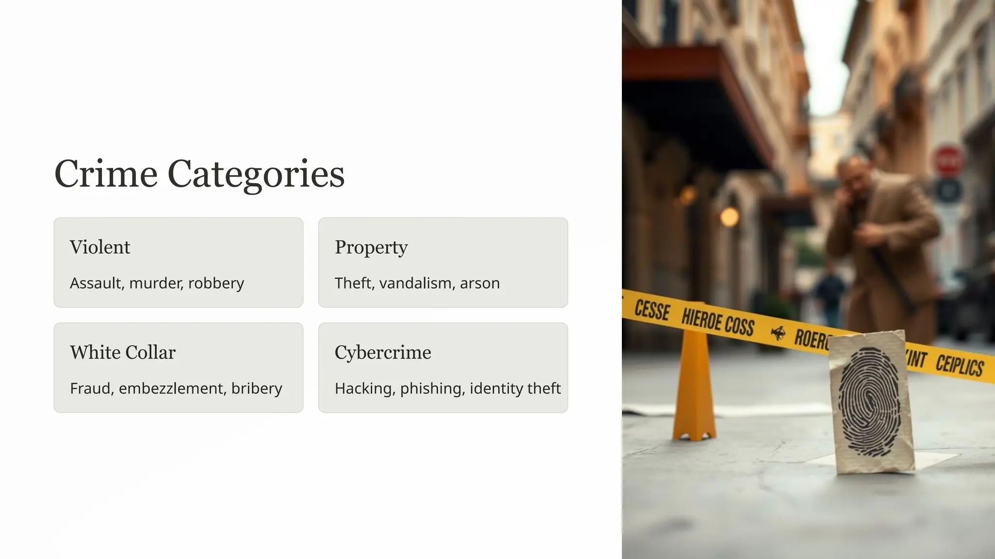 Crime Categories
Violent
Assault, murder, robbery
Property
Theft, vandalism, arson
White Collar
Fraud, embezzlement, bribery
Cybercrime
Hacking, phishing, identity theft
