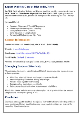M R Patel Diabetes Management and Treatment – Dr. M.R. Patel, Islet India, Rewa | PDF