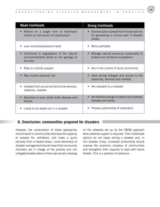 29
U n d e r s t a n d i n g          d i s a s t e r      M a n a g e M e n t        i n   P r a c t i c e




   Weak livelihoods                                        Strong livelihoods
   •	 Reliant on a single form of livelihood/              •	 Diverse option spread that include options
      reliant on one source of input/output                   for generating a income even if disaster
                                                              strikes

   •	 Low income/subsistence level                         •	 More profitable

   •	 Contribute to degradation of the natural             •	 Manage natural resources sustainably to
      environment/add stress to the geology of                protect and reinforce ecosystems
      the area

   •	 Rely on outside support                              •	 Are in the control of local community

   •	 May involve personal risk                            •	 Have strong linkages and access to the
                                                              resources, services and markets

   •	 Isolated from social and technical services,         •	 Are resistant to a disaster
      networks, markets

   •	 Sensitive to even small scale stresses and           •	 Are flexible enough to defend and tolerate
      shocks                                                  stresses and socks.

   •	 Likely to be wiped out in a disaster                 •	 Possess potentiality of restoration



 6. Conclusion: communities prepared for disasters
However, the combination of these approaches            on the networks set up by the CBDM approach
should result in communities that have the capacity     when external support is required. Their livelihoods
to prepare for, withstand, and make a quick             options do not cease during a disaster and, in
recovery from a hazard stress. Local ownership of       non disaster times, increased productivity should
disaster management should mean that community          improve the economic situation of communities
members are in charge of the process and can            and strengthen their capacity to deal with future
instigate disaster plans on their own accord, drawing   threats. This is a position of resilience.
 