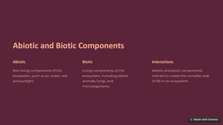 Abiotic and Biotic Components
Abiotic
Non-living components of the
ecosystem, such as air, water, soil,
and sunlight.
Biotic
Living components of the
ecosystem, including plants,
animals, fungi, and
microorganisms.
Interactions
Abiotic and biotic components
interact to create the complex web
of life in an ecosystem.
preencoded.png
 