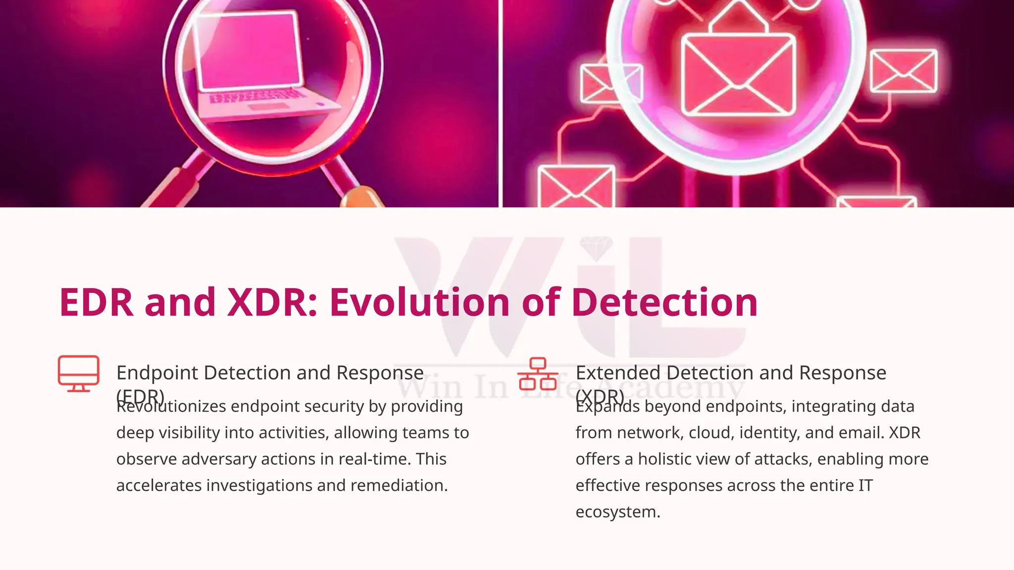 EDR and XDR: Evolution of Detection
Endpoint Detection and Response
(EDR)
Revolutionizes endpoint security by providing
deep visibility into activities, allowing teams to
observe adversary actions in real-time. This
accelerates investigations and remediation.
Extended Detection and Response
(XDR)
Expands beyond endpoints, integrating data
from network, cloud, identity, and email. XDR
offers a holistic view of attacks, enabling more
effective responses across the entire IT
ecosystem.
 