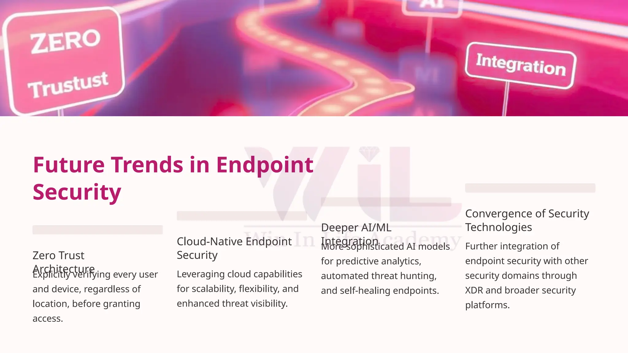 Future Trends in Endpoint
Security
Zero Trust
Architecture
Explicitly verifying every user
and device, regardless of
location, before granting
access.
Cloud-Native Endpoint
Security
Leveraging cloud capabilities
for scalability, flexibility, and
enhanced threat visibility.
Deeper AI/ML
Integration
More sophisticated AI models
for predictive analytics,
automated threat hunting,
and self-healing endpoints.
Convergence of Security
Technologies
Further integration of
endpoint security with other
security domains through
XDR and broader security
platforms.
 