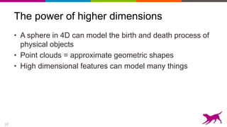 17
The power of higher dimensions
• A sphere in 4D can model the birth and death process of
physical objects
• Point clouds = approximate geometric shapes
• High dimensional features can model many things
 