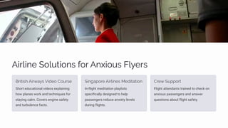 Airline Solutions for Anxious Flyers
British Airways Video Course
Short educational videos explaining
how planes work and techniques for
staying calm. Covers engine safety
and turbulence facts.
Singapore Airlines Meditation
In-flight meditation playlists
specifically designed to help
passengers reduce anxiety levels
during flights.
Crew Support
Flight attendants trained to check on
anxious passengers and answer
questions about flight safety.
 