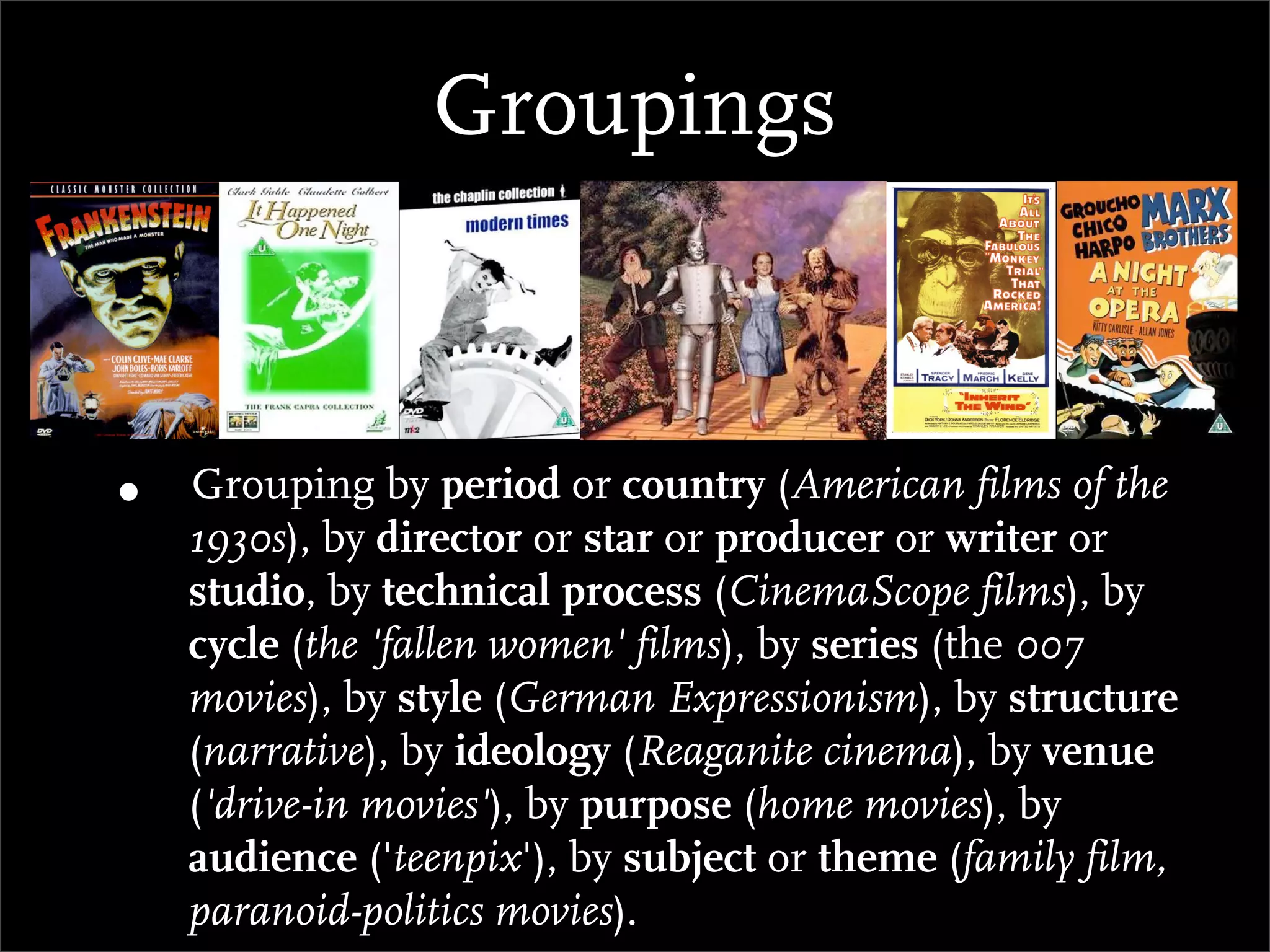 Groupings



•   Grouping by period or country (American films of the
    1930s), by director or star or producer or writer or
    studio, by technical process (CinemaScope films), by
    cycle (the 'fallen women' films), by series (the 007
    movies), by style (German Expressionism), by structure
    (narrative), by ideology (Reaganite cinema), by venue
    ('drive-in movies'), by purpose (home movies), by
    audience ('teenpix'), by subject or theme (family film,
    paranoid-politics movies).
 
