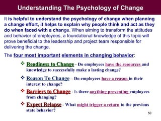 Understanding The Psychology of Change
It is helpful to understand the psychology of change when planning
a change effort,...