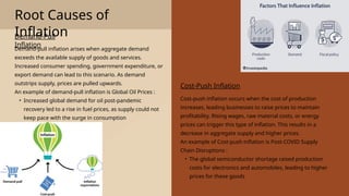 Root Causes of
Inflation
Demand-Pull
Inflation
Demand-pull inflation arises when aggregate demand
exceeds the available supply of goods and services.
Increased consumer spending, government expenditure, or
export demand can lead to this scenario. As demand
outstrips supply, prices are pulled upwards.
An example of demand-pull inflation is Global Oil Prices :
• Increased global demand for oil post-pandemic
recovery led to a rise in fuel prices, as supply could not
keep pace with the surge in consumption
Cost-Push Inflation
Cost-push inflation occurs when the cost of production
increases, leading businesses to raise prices to maintain
profitability. Rising wages, raw material costs, or energy
prices can trigger this type of inflation. This results in a
decrease in aggregate supply and higher prices.
An example of Cost-push inflation is Post-COVID Supply
Chain Disruptions :
• The global semiconductor shortage raised production
costs for electronics and automobiles, leading to higher
prices for these goods
 