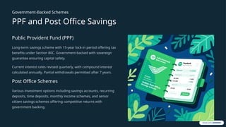Government-Backed Schemes
PPF and Post Office Savings
Public Provident Fund (PPF)
Long-term savings scheme with 15-year lock-in period offering tax
benefits under Section 80C. Government-backed with sovereign
guarantee ensuring capital safety.
Current interest rates revised quarterly, with compound interest
calculated annually. Partial withdrawals permitted after 7 years.
Post Office Schemes
Various investment options including savings accounts, recurring
deposits, time deposits, monthly income schemes, and senior
citizen savings schemes offering competitive returns with
government backing.
 