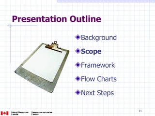 Presentation Outline Background Scope Framework Flow Charts Next Steps 