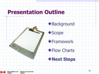 Presentation Outline Background Scope Framework Flow Charts Next Steps 