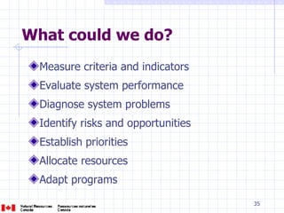 What could we do? Measure criteria and indicators Evaluate system performance Diagnose system problems Identify risks and opportunities Establish priorities Allocate resources Adapt programs 