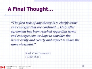 A Final Thought… “ The first task of any theory is to clarify terms and concepts that are confused… Only after agreement has been reached regarding terms and concepts can we hope to consider the issues easily and clearly and expect to share the same viewpoint.” Karl Von Clausewitz (1780-1831) 