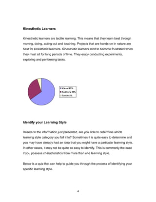 Kinesthetic Learners

Kinesthetic learners are tactile learning. This means that they learn best through
moving, doing, acting out and touching. Projects that are hands-on in nature are
best for kinesthetic learners. Kinesthetic learners tend to become frustrated when
they must sit for long periods of time. They enjoy conducting experiments,
exploring and performing tasks.




                             Vis ual 65%
                             Auditory 30%
                             Tactile 5%




Identify your Learning Style

Based on the information just presented, are you able to determine which
learning style category you fall into? Sometimes it is quite easy to determine and
you may have already had an idea that you might have a particular learning style.
In other cases, it may not be quite so easy to identify. This is commonly the case
if you possess characteristics from more than one learning style.


Below is a quiz that can help to guide you through the process of identifying your
specific learning style.




                                            4
 