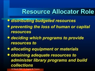 Resource Allocator Role distributing budgeted resources  preventing the loss of human or capital resources deciding which programs to provide resources to allocating equipment or materials obtaining adequate resources to administer library programs and build collections 