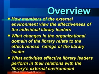 Overview  How members of the external environment view the effectiveness of the individual library leaders What changes in the organizational domain of the library relate to the effectiveness  ratings of the library leader What activities effective library leaders perform in their relations with the library’s external environment 