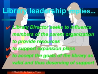 Library leadership  implies... Library Director seeks to influence members of the parent organization to provide resources to support expansion plans to accept the goals of the library as valid and thus deserving of support 