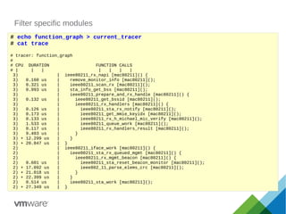 Filter specific modules
# echo function_graph > current_tracer
# cat trace
# tracer: function_graph
#
# CPU DURATION FUNCTION CALLS
# | | | | | | |
3) | ieee80211_rx_napi [mac80211]() {
3) 0.160 us | remove_monitor_info [mac80211]();
3) 0.321 us | ieee80211_scan_rx [mac80211]();
3) 0.993 us | sta_info_get_bss [mac80211]();
3) | ieee80211_prepare_and_rx_handle [mac80211]() {
3) 0.132 us | ieee80211_get_bssid [mac80211]();
3) | ieee80211_rx_handlers [mac80211]() {
3) 0.126 us | ieee80211_sta_rx_notify [mac80211]();
3) 0.173 us | ieee80211_get_mmie_keyidx [mac80211]();
3) 0.133 us | ieee80211_rx_h_michael_mic_verify [mac80211]();
3) 1.533 us | ieee80211_queue_work [mac80211]();
3) 0.117 us | ieee80211_rx_handlers_result [mac80211]();
3) 9.483 us | }
3) + 12.299 us | }
3) + 20.847 us | }
2) | ieee80211_iface_work [mac80211]() {
2) | ieee80211_sta_rx_queued_mgmt [mac80211]() {
2) | ieee80211_rx_mgmt_beacon [mac80211]() {
2) 0.601 us | ieee80211_sta_reset_beacon_monitor [mac80211]();
2) + 17.092 us | ieee802_11_parse_elems_crc [mac80211]();
2) + 21.018 us | }
2) + 22.399 us | }
2) 0.514 us | ieee80211_sta_work [mac80211]();
2) + 27.349 us | }
 