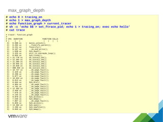 max_graph_depth
# echo 0 > tracing_on
# echo 1 > max_graph_depth
# echo function_graph > current_tracer
# sh -c 'echo $$ > set_ftrace_pid; echo 1 > tracing_on; exec echo hello'
# cat trace
# tracer: function_graph
#
# CPU DURATION FUNCTION CALLS
# | | | | | | |
3) 0.508 us | mutex_unlock();
3) 0.292 us | __fsnotify_parent();
3) 0.231 us | fsnotify();
3) 0.167 us | __sb_end_write();
3) 1.638 us | SyS_dup2();
3) 3.325 us | exit_to_usermode_loop();
3) 0.835 us | SyS_close();
3) + 21.778 us | do_syscall_64();
3) + 12.394 us | do_syscall_64();
3) + 11.289 us | do_syscall_64();
3) + 10.945 us | do_syscall_64();
3) + 10.028 us | do_syscall_64();
3) ! 688.935 us | do_syscall_64();
3) + 16.727 us | __do_page_fault();
3) 4.429 us | __do_page_fault();
3) 8.208 us | __do_page_fault();
3) 6.877 us | __do_page_fault();
3) + 10.033 us | __do_page_fault();
3) 8.013 us | __do_page_fault();
3) 0.644 us | SyS_brk();
3) 4.904 us | __do_page_fault();
3) 4.702 us | __do_page_fault();
3) + 12.393 us | __do_page_fault();
3) 3.459 us | __do_page_fault();
3) 7.670 us | __do_page_fault();
3) 4.145 us | __do_page_fault();
3) 9.870 us | SyS_access();
3) 7.549 us | SyS_mmap();
3) 7.867 us | __do_page_fault();
3) 6.820 us | SyS_access();
3) + 13.364 us | SyS_open();
3) 3.289 us | SyS_newfstat();
3) 9.849 us | SyS_mmap();
 