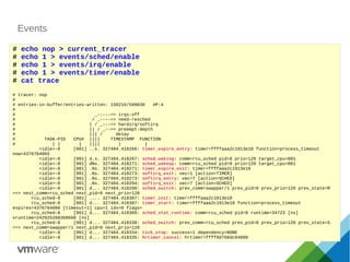Events
# echo nop > current_tracer
# echo 1 > events/sched/enable
# echo 1 > events/irq/enable
# echo 1 > events/timer/enable
# cat trace
# tracer: nop
#
# entries-in-buffer/entries-written: 150216/509830 #P:4
#
# _-----=> irqs-off
# / _----=> need-resched
# | / _---=> hardirq/softirq
# || / _--=> preempt-depth
# ||| / delay
# TASK-PID CPU# |||| TIMESTAMP FUNCTION
# | | | |||| | |
<idle>-0 [001] ..s. 327484.418266: timer_expire_entry: timer=ffffaaa2c1913e10 function=process_timeout
now=4376764065
<idle>-0 [001] d.s. 327484.418267: sched_waking: comm=rcu_sched pid=8 prio=120 target_cpu=001
<idle>-0 [001] dNs. 327484.418271: sched_wakeup: comm=rcu_sched pid=8 prio=120 target_cpu=001
<idle>-0 [001] .Ns. 327484.418271: timer_expire_exit: timer=ffffaaa2c1913e10
<idle>-0 [001] .Ns. 327484.418273: softirq_exit: vec=1 [action=TIMER]
<idle>-0 [001] .Ns. 327484.418273: softirq_entry: vec=7 [action=SCHED]
<idle>-0 [001] .Ns. 327484.418294: softirq_exit: vec=7 [action=SCHED]
<idle>-0 [001] d... 327484.418299: sched_switch: prev_comm=swapper/1 prev_pid=0 prev_prio=120 prev_state=R
==> next_comm=rcu_sched next_pid=8 next_prio=120
rcu_sched-8 [001] .... 327484.418307: timer_init: timer=ffffaaa2c1913e10
rcu_sched-8 [001] d... 327484.418307: timer_start: timer=ffffaaa2c1913e10 function=process_timeout
expires=4376764066 [timeout=1] cpu=1 idx=0 flags=
rcu_sched-8 [001] d... 327484.418309: sched_stat_runtime: comm=rcu_sched pid=8 runtime=34723 [ns]
vruntime=242925268368660 [ns]
rcu_sched-8 [001] d... 327484.418330: sched_switch: prev_comm=rcu_sched prev_pid=8 prev_prio=120 prev_state=S
==> next_comm=swapper/1 next_pid=0 next_prio=120
<idle>-0 [001] d... 327484.418334: tick_stop: success=1 dependency=NONE
<idle>-0 [001] d... 327484.418335: hrtimer_cancel: hrtimer=ffff9d768dc94800
 