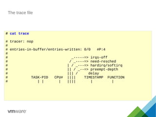 The trace file
# cat trace
# tracer: nop
#
# entries-in-buffer/entries-written: 0/0 #P:4
#
# _-----=> irqs-off
# / _----=> need-resched
# | / _---=> hardirq/softirq
# || / _--=> preempt-depth
# ||| / delay
# TASK-PID CPU# |||| TIMESTAMP FUNCTION
# | | | |||| | |
 