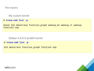 The tracers
# trace-cmd list -p
hwlat blk mmiotrace function_graph wakeup_dl wakeup_rt wakeup
function nop
# trace-cmd list -p
blk mmiotrace function_graph function nop
My custom kernel
Debian 4.9.0-3-amd64 kernel
 