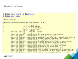 The Function Tracer
# trace-cmd start -p function
# trace-cmd show
# tracer: function
#
# entries-in-buffer/entries-written: 205061/4300296 #P:4
#
# _-----=> irqs-off
# / _----=> need-resched
# | / _---=> hardirq/softirq
# || / _--=> preempt-depth
# ||| / delay
# TASK-PID CPU# |||| TIMESTAMP FUNCTION
# | | | |||| | |
Timer-11765 [002] d... 1193197.836818: irq_enter <-smp_apic_timer_interrupt
Timer-11765 [002] d... 1193197.836818: rcu_irq_enter <-irq_enter
Timer-11765 [002] d.h. 1193197.836818: local_apic_timer_interrupt <-smp_apic_timer_interrup
Timer-11765 [002] d.h. 1193197.836819: hrtimer_interrupt <-smp_apic_timer_interrupt
Timer-11765 [002] d.h. 1193197.836819: _raw_spin_lock <-hrtimer_interrupt
Timer-11765 [002] d.h. 1193197.836819: ktime_get_update_offsets_now <-hrtimer_interrupt
Timer-11765 [002] d.h. 1193197.836819: __hrtimer_run_queues <-hrtimer_interrupt
Timer-11765 [002] d.h. 1193197.836820: __remove_hrtimer <-__hrtimer_run_queues
Timer-11765 [002] d.h. 1193197.836820: tick_sched_timer <-__hrtimer_run_queues
Timer-11765 [002] d.h. 1193197.836820: ktime_get <-tick_sched_timer
Timer-11765 [002] d.h. 1193197.836820: tick_sched_do_timer <-tick_sched_timer
Timer-11765 [002] d.h. 1193197.836821: tick_do_update_jiffies64.part.12 <-tick_sched_timer
Timer-11765 [002] d.h. 1193197.836821: _raw_spin_lock <-tick_do_update_jiffies64.part.12
Timer-11765 [002] d.h. 1193197.836821: do_timer <-tick_do_update_jiffies64.part.12`
 
