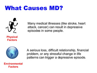 Physical Factors Many medical illnesses (like stroke, heart attack, cancer) can result in depressive episodes in some people. Environmental Factors A serious loss, difficult relationship, financial problem, or any stressful change in life patterns can trigger a depressive episode. What Causes MD? 
