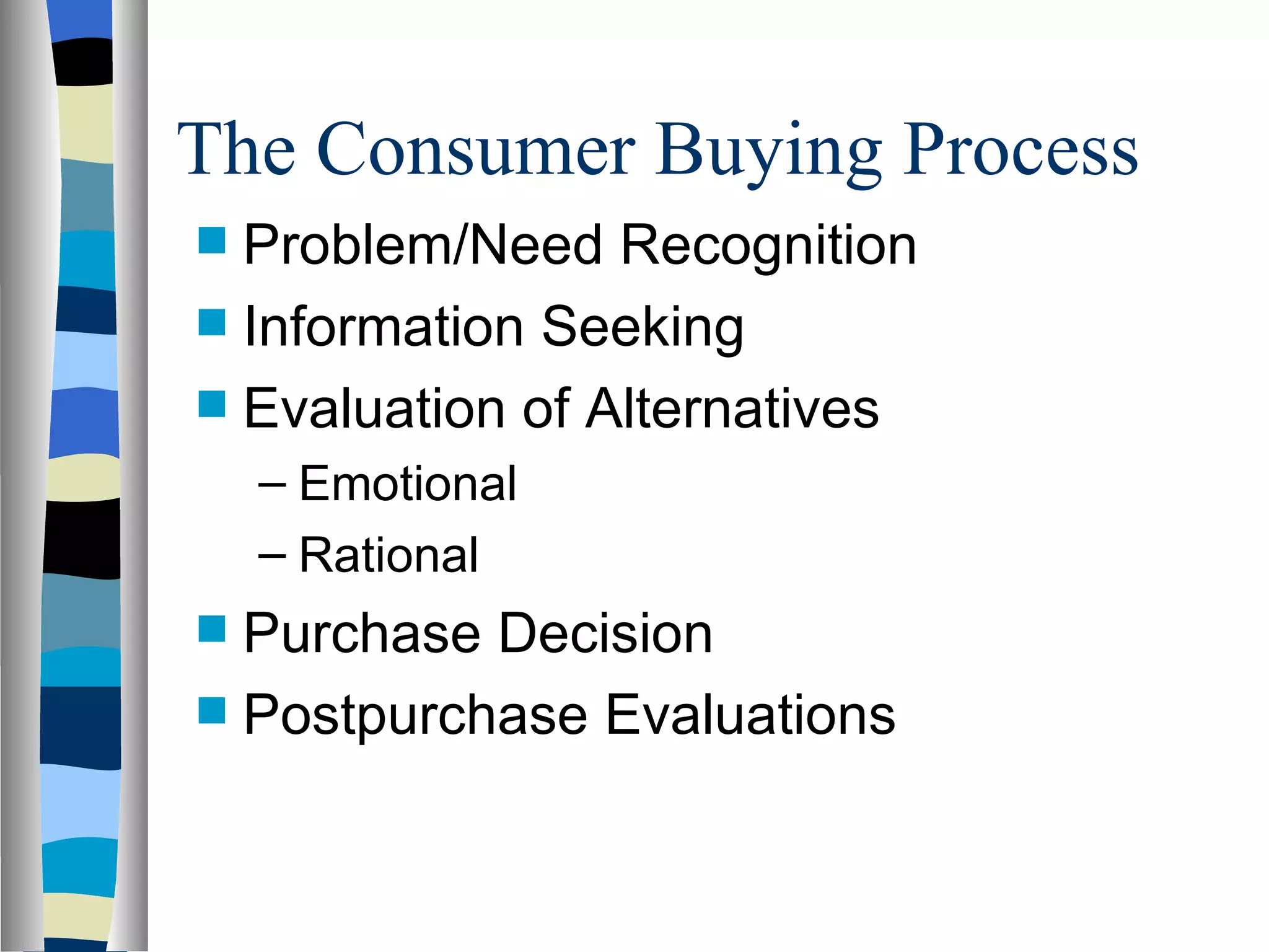 The Consumer Buying Process Problem/Need Recognition    Information Seeking Evaluation of Alternatives Emotional Rational Purchase Decision Postpurchase Evaluations   