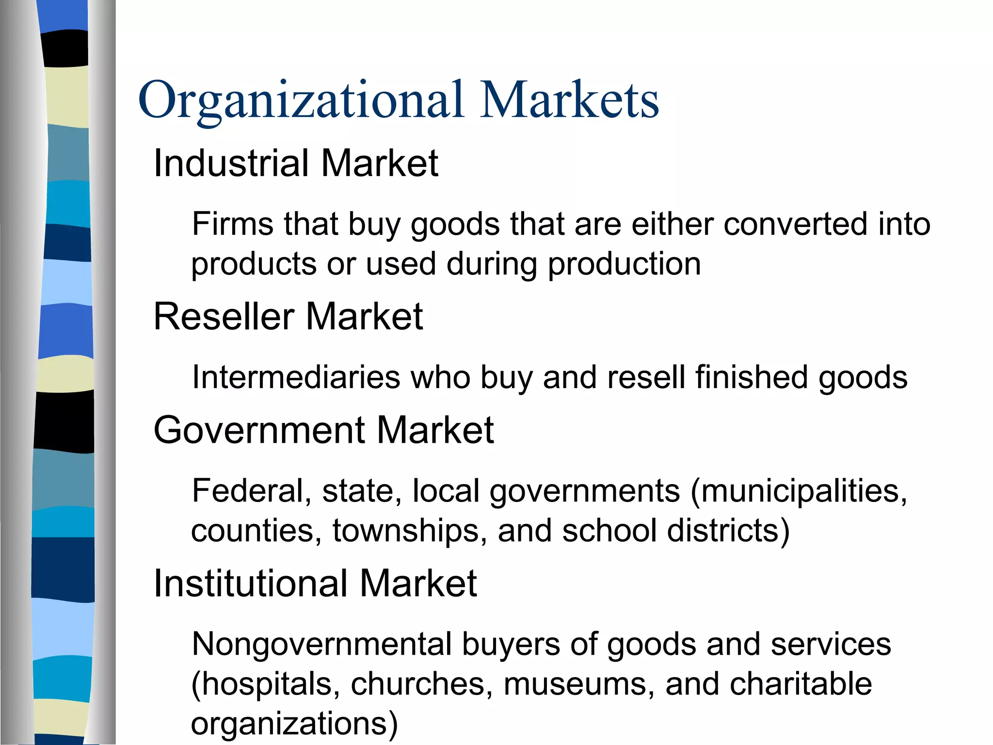 Organizational Markets Industrial Market  Firms that buy goods that are either converted into products or used during production Reseller Market Intermediaries who buy and resell finished goods Government Market Federal, state, local governments (municipalities, counties, townships, and school districts)  Institutional Market Nongovernmental buyers of goods and services (hospitals, churches, museums, and charitable organizations) 