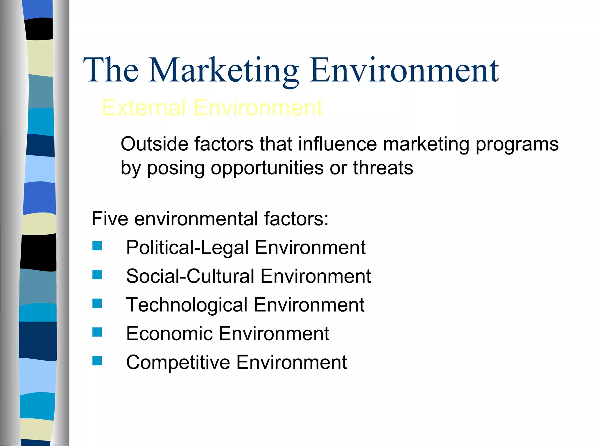 The Marketing Environment  External Environment Outside factors that influence marketing programs by posing opportunities or threats Five environmental factors: Political-Legal Environment  Social-Cultural Environment  Technological Environment  Economic Environment  Competitive Environment  