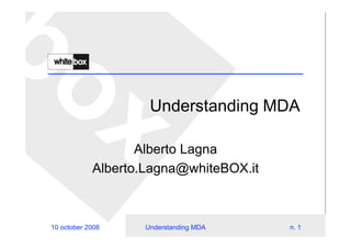 Understanding MDA

                   Alberto Lagna
            Alberto.Lagna@whiteBOX.it



10 october 2008    Understanding MDA    n. 1
 