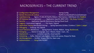 9/7/2019 15
MICROSERVICES – THE CURRENT TREND
 Configuration Management ……............................... Spring Config
 Service Discovery & Lookup ……………………………….... Netflix Eureka/etcd/Consul/ZooKeeper
 Load Balancing … Nginx / F5 BIG IP/ Netflix Ribbon / Riot Games / AWS Route 53 / RedBird
 API Gateway (service gateway) ……….. Application Specific (REST API) – Tyk, Kong, Gravitee
 Security ………….. Application Specific Dominance (Spring Cloud Zuul)
 Logging > (centralized logging) ………. ELK Stack / Splunk
 Application Tracing (distributed tracing) ….. Spring Spectator & Atlas / Grafana | Zipkin | Jaeger
 Debugging …… GrayLog, ELK, Splunk
 Fault-Tolerance (Resilience) …… Spring Hystrix, Turbine, Ribbon , Kong, Resilience4j
 Packaging ……….. Native to language, Java > Maven, Node > npm, etc.
 Deployment ………………. container-specific, cloud-specific
 Scheduling …… Kafka, Walmart Labs BigBen, Celery Job queue, Risque for Ruby
 Job Management ….. SLURM, Torque, PBS Pro, Open Lava
 Authentication ……… Kong/OAUTH/JWT
 