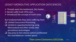 9/7/2019 7
LEGACY MONOLITHIC APPLICATION DEFICIENCIES
Then came Containers/J2EE/EJBs
 Threads were the bottleneck, this fueled …
 Servers with multi-CPUs and …
 Introduced the concept of multi-cores
But fundamentally they were suffering from:
 Limited Concurrent-Processing
 Limited in capacity/clustering using
Memcached and other similar disk-
persistence technologies
 Easy prey to DoS attacks (which proliferated
the Load-Balancer market space)
 