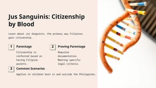 Jus Sanguinis: Citizenship
by Blood
Learn about Jus Sanguinis, the primary way Filipinos
gain citizenship.
1 Parentage
Citizenship is
conferred based on
having Filipino
parents.
2 Proving Parentage
Requires
documentation.
Meeting specific
legal criteria.
3 Common Scenarios
Applies to children born in and outside the Philippines.
 