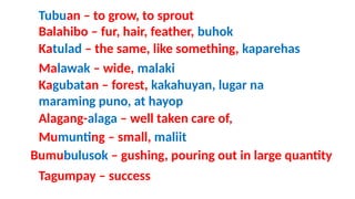 Balahibo – fur, hair, feather, buhok
Tubuan – to grow, to sprout
Katulad – the same, like something, kaparehas
Malawak – wide, malaki
Kagubatan – forest, kakahuyan, lugar na
maraming puno, at hayop
Alagang-alaga – well taken care of,
Mumunting – small, maliit
Bumubulusok – gushing, pouring out in large quantity
Tagumpay – success
 