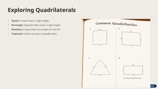 Exploring Quadrilaterals
• Square: 4 equal sides, 4 right angles.
• Rectangle: Opposite sides equal, 4 right angles.
• Rhombus: 4 equal sides, but angles are not 90°.
• Trapezoid: At least one pair of parallel sides.
 