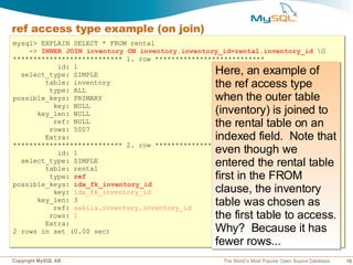 ref access type example (on join)
mysql> EXPLAIN SELECT * FROM rental
    -> INNER JOIN inventory ON inventory.inventory_id=rental.inventory_id G
*************************** 1. row ***************************
           id: 1
  select_type: SIMPLE                            Here, an example of
        table: inventory
         type: ALL
                                                 the ref access type
possible_keys: PRIMARY                           when the outer table
          key: NULL
      key_len: NULL                              (inventory) is joined to
          ref: NULL
         rows: 5007
                                                 the rental table on an
        Extra:                                   indexed field. Note that
                                                 even though we
*************************** 2. row ***************************
           id: 1
  select_type: SIMPLE
        table: rental
                                                 entered the rental table
         type: ref                               first in the FROM
                                                 clause, the inventory
possible_keys: idx_fk_inventory_id
          key: idx_fk_inventory_id
      key_len: 3
          ref: sakila.inventory.inventory_id
                                                 table was chosen as
         rows: 1                                 the first table to access.
                                                 Why? Because it has
        Extra:
2 rows in set (0.00 sec)
                                                 fewer rows...
Copyright MySQL AB                                 The World’s Most Popular Open Source Database   18
 