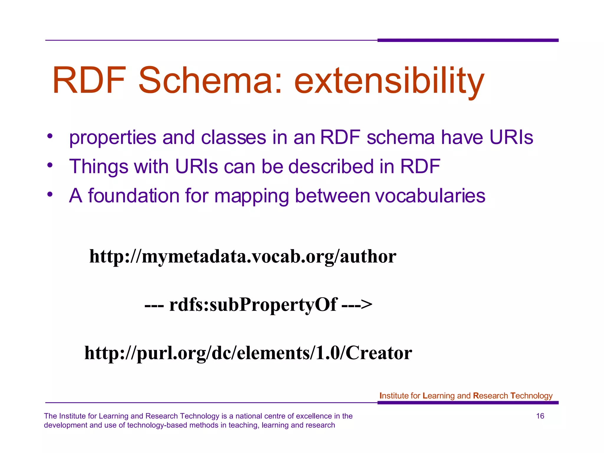 RDF Schema: extensibility properties and classes in an RDF schema have URIs Things with URIs can be described in RDF A foundation for mapping between vocabularies http://mymetadata.vocab.org/author --- rdfs:subPropertyOf ---> http://purl.org/dc/elements/1.0/Creator 