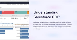 Understanding
Salesforce CDP
A Customer Data Platform (CDP) is a powerful tool that allows companies
to gather, unify, and activate customer data from various sources. Salesforce
CDP is a popular choice for companies looking to improve their customer
experiences.
 