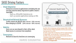 HARIS CHUGHTAI
SASE Driving Factors
 Cloud Adaptation
 Enterprise services & applications (including the one
carrying sensitive data) migration to public cloud is
inevitable
 SaaS e.g. Office365, Salesforce etc
 IaaS .e.g custom application running on VMs
 Decentralized Network Resources
 Traffic used to be 80/20 (80% internal + 20% internet)
 Now changing to 20/80 (20% internal + 80% internet)
 Mobility
 Users are no more bound to their office desk
 Need access to services from anywhere
 Convergence
 Network & Security functions are converging
2
Internet/ SaaS/ IaaS
FW,SWG, CASB, ZTNA
By 2023, 20% of enterprises will have adopted SWG, CASB,
ZTNA and branch FWaaS capabilities from the same vendor up
from less than 5% in 2019.
By 2024, at least 40% of enterprises will have explicit strategies
to adopt SASE, up from less than 1% at year-end 2018.
By 2025, at least one of the leading IaaS providers will offer a
competitive suite of SASE capabilities
Gartner, D G00441737 “The Future of Network Security is in
the Cloud”, 30 August 2019.
 