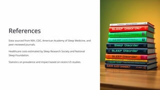 References
Data sourced from NIH, CDC, American Academy of Sleep Medicine, and
peer-reviewed journals.
Healthcare costs estimated by Sleep Research Society and National
Sleep Foundation.
Statistics on prevalence and impact based on recent US studies.
 