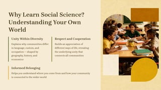 Why Learn Social Science?
Understanding Your Own
World
Unity Within Diversity
Explains why communities differ
in language, custom, and
occupation — shaped by
geography, history, and
economics
Respect and Cooperation
Builds an appreciation of
different ways of life, revealing
the underlying unity that
connects all communities
Informed Belonging
Helps you understand where you come from and how your community
is connected to the wider world
 