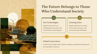 The Future Belongs to Those
Who Understand Society
New Technologies
Digital tools and AI are
reshaping how people work,
communicate, and organise
Growing Cities
Rapid urbanisation creates
new social, economic, and
environmental challenges
Global Connections
Social Science helps tackle climate change, sustainable development,
and equitable resources
 