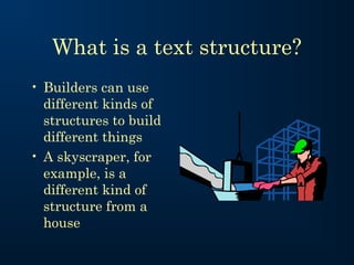 What is a text structure?
• Builders can use
  different kinds of
  structures to build
  different things
• A skyscraper, for
  example, is a
  different kind of
  structure from a
  house
 