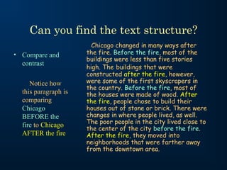 Can you find the text structure?
                        Chicago changed in many ways after
• Compare and         the fire. Before the fire, most of the
                      buildings were less than five stories
  contrast
                      high. The buildings that were
                      constructed after the fire, however,
     Notice how       were some of the first skyscrapers in
                      the country. Before the fire, most of
  this paragraph is   the houses were made of wood. After
  comparing           the fire, people chose to build their
  Chicago             houses out of stone or brick. There were
  BEFORE the          changes in where people lived, as well.
                      The poor people in the city lived close to
  fire to Chicago
                      the center of the city before the fire.
  AFTER the fire      After the fire, they moved into
                      neighborhoods that were farther away
                      from the downtown area.
 