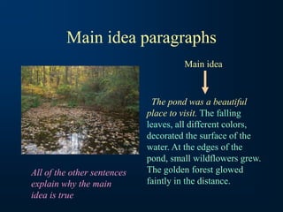 Main idea paragraphs
The pond was a beautiful
place to visit. The falling
leaves, all different colors,
decorated the surface of the
water. At the edges of the
pond, small wildflowers grew.
The golden forest glowed
faintly in the distance.
Main idea
All of the other sentences
explain why the main
idea is true
 