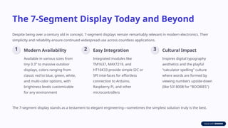 The 7-Segment Display Today and Beyond
Despite being over a century old in concept, 7-segment displays remain remarkably relevant in modern electronics. Their
simplicity and reliability ensure continued widespread use across countless applications.
1 Modern Availability
Available in various sizes from
tiny 0.3" to massive outdoor
displays, colors ranging from
classic red to blue, green, white,
and multi-color options, with
brightness levels customizable
for any environment
2 Easy Integration
Integrated modules like
TM1637, MAX7219, and
HT16K33 provide simple I2C or
SPI interfaces for effortless
connection to Arduino,
Raspberry Pi, and other
microcontrollers
3 Cultural Impact
Inspires digital typography
aesthetics and the playful
"calculator spelling" culture
where words are formed by
viewing numbers upside-down
(like 5318008 for "BOOBIES")
The 7-segment display stands as a testament to elegant engineering—sometimes the simplest solution truly is the best.
 