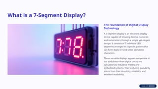 What is a 7-Segment Display?
The Foundation of Digital Display
Technology
A 7-segment display is an electronic display
device capable of showing decimal numerals
and some letters through a simple yet elegant
design. It consists of 7 individual LED
segments arranged in a specific pattern that
can form digits 0-9 and select alphabetic
characters.
These versatile displays appear everywhere in
our daily lives—from digital clocks and
calculators to industrial meters and
embedded systems. Their enduring popularity
stems from their simplicity, reliability, and
excellent readability.
 